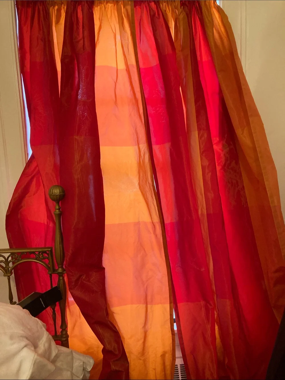 Spectacular MADURA two panel raspberry orange/ yellow daisy embroidered curtain